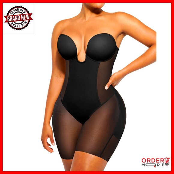 Strapless Shapewear Bodysuit Tummy Control Backless U Plunge Mid Thigh Shaper